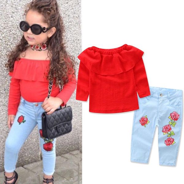 baby clothes set fashion children girl clothing off shoulder long sleeve t-shirt rose flower jean denim pant 2pcs outfit kids clothes, White
baby clothes set fashion children girl clothing off shoulder long sleeve t-shirt rose flower jean denim pant 2pcs outfit kids clothes, White