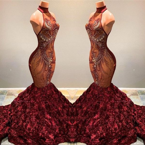 2019 burgundy lace mermaid long prom dresses illusion applique beaded 3d flowers halter sweep train evening gowns vestidos de festa, Black
2019 burgundy lace mermaid long prom dresses illusion applique beaded 3d flowers halter sweep train evening gowns vestidos de festa, Black