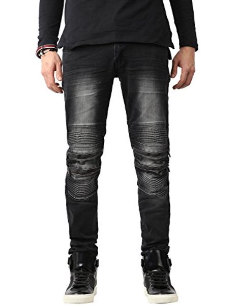 

hat and beyond mens biker jean distressed ripped zipper straight slim fit stretch denim pants, Blue