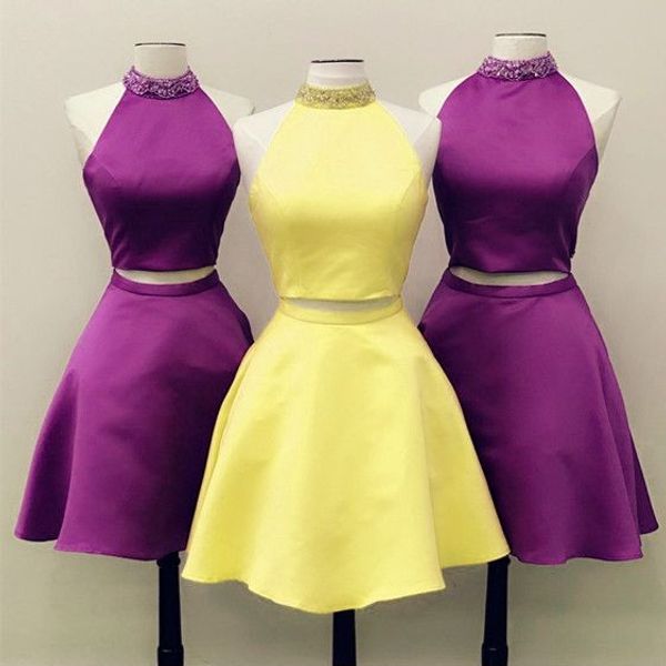 high neck yellow purple graduation party dresses satin beaded crystal a line two pieces short homecoming prom dress, Blue;red
high neck yellow purple graduation party dresses satin beaded crystal a line two pieces short homecoming prom dress, Blue;red