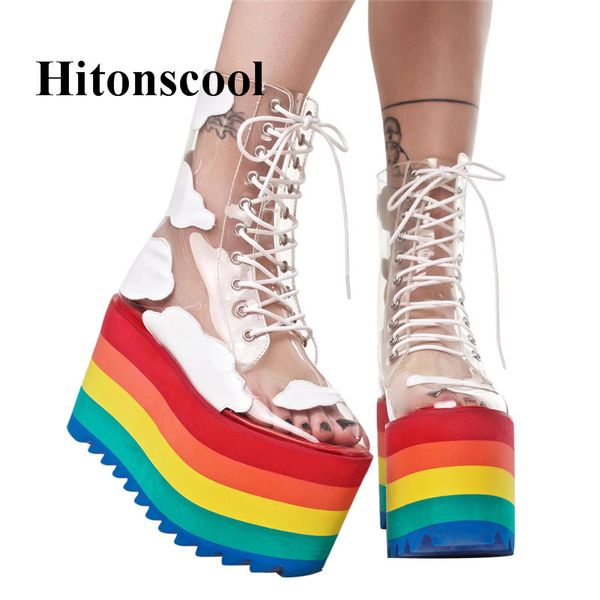 women rainbow sole pvc transparent lace up sneakers runway platform rain boots woman creepers high heels ankle boots, Black
women rainbow sole pvc transparent lace up sneakers runway platform rain boots woman creepers high heels ankle boots, Black