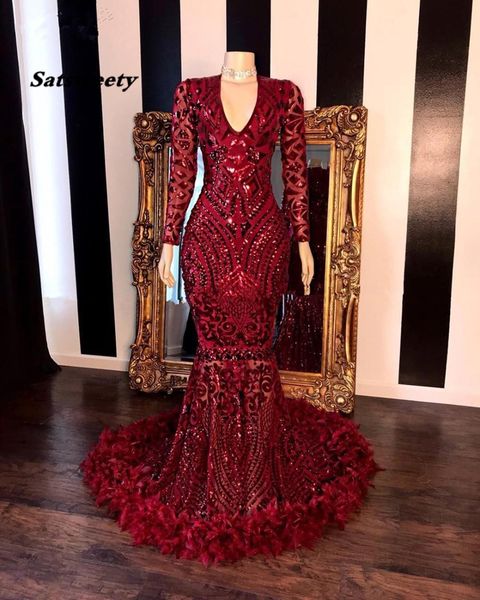 dark red lace feather mermaid prom dresses black girls v neck long sleeves sweep train formal evening party gowns real image
dark red lace feather mermaid prom dresses black girls v neck long sleeves sweep train formal evening party gowns real image