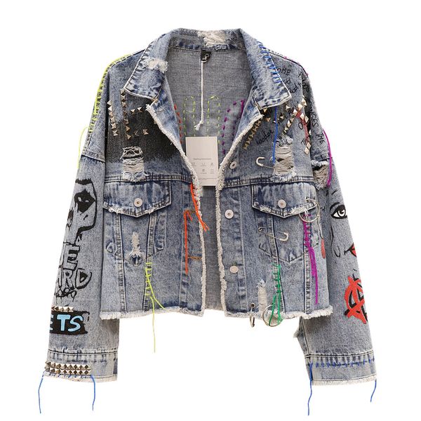 graffiti denim jacket women personality 2019 autumn short ripped hair edge cut rivet jacket color tassel jeans female outwear, Black;brown
graffiti denim jacket women personality 2019 autumn short ripped hair edge cut rivet jacket color tassel jeans female outwear, Black;brown