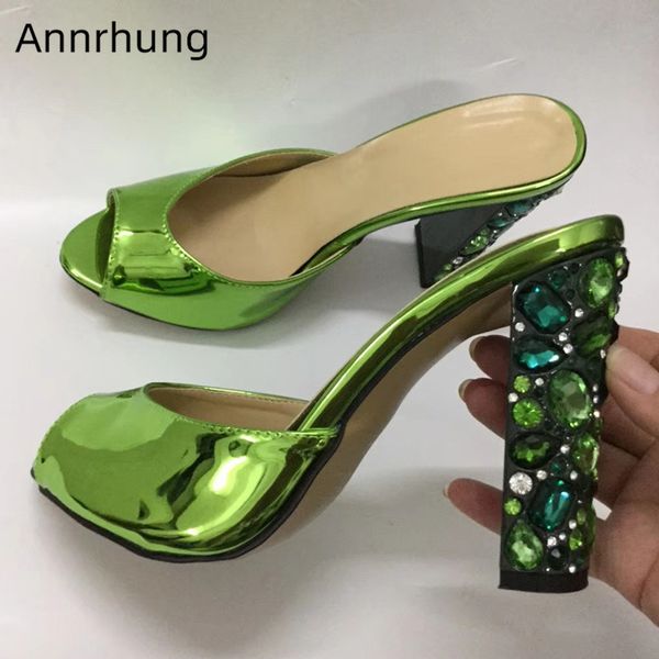 green crystal rhinestone heel shoes woman bright patent leather peep toe high heel mules fashion slippers women, Black
green crystal rhinestone heel shoes woman bright patent leather peep toe high heel mules fashion slippers women, Black