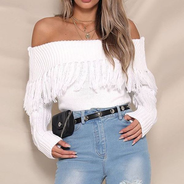 women pullover sweater autumn off shoulder tassel long sleeve loose pollover solid color white knitted sweater sueter mujer, White;black
women pullover sweater autumn off shoulder tassel long sleeve loose pollover solid color white knitted sweater sueter mujer, White;black