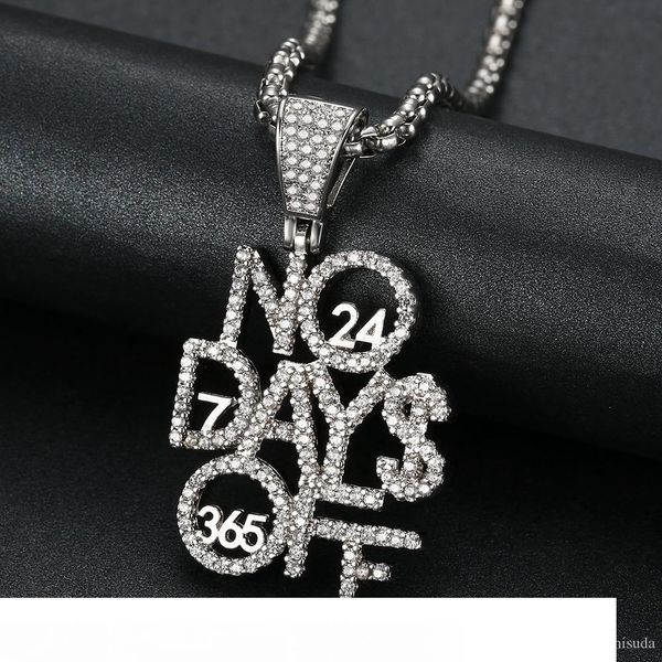 men hiphop iced out no day off letter pendant necklaces pave setting zircon fashion hip hop pendants necklace jewelry gift, Silver