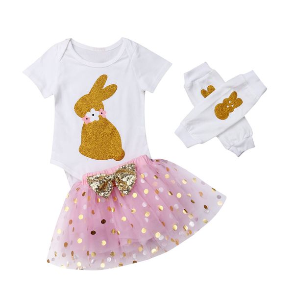 

2019 New Summer Kid Baby Girl Easter Clothes Sets Short Sleeve Bunny Romper Top Tutu Skirt Leggings Outfits 0-2Y Wholesale Hot