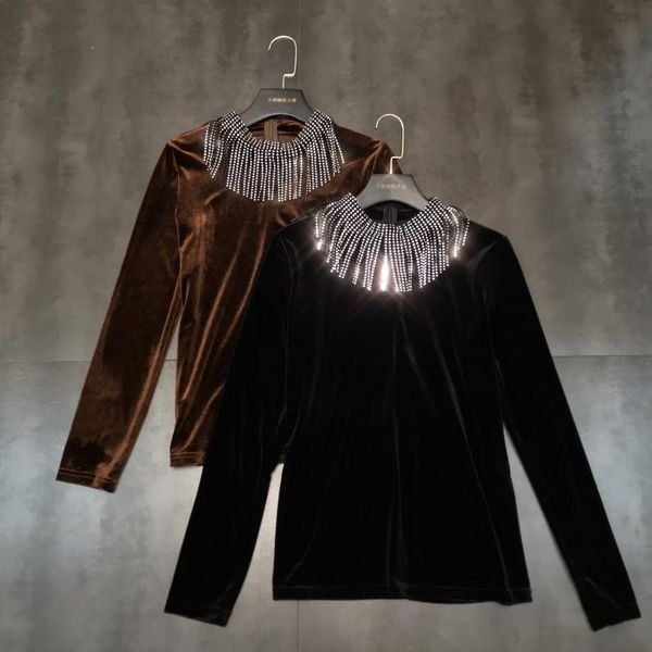 2019 autumn winter new tassel rhinestone neckline gold velvet long sleeve shirt women retro undershirt slim basic, White
2019 autumn winter new tassel rhinestone neckline gold velvet long sleeve shirt women retro undershirt slim basic, White