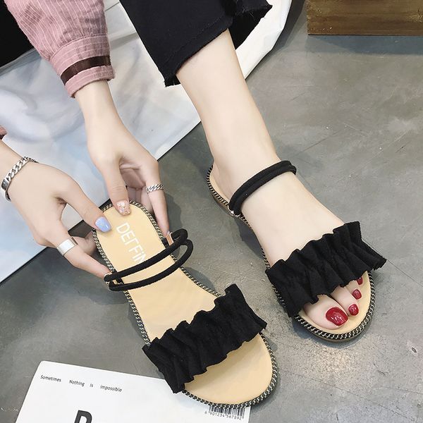 sandals summer women flats ruffles solid two wear slippers lace-up flip flops beach front&rear strap frosted footwear word belt, Black
sandals summer women flats ruffles solid two wear slippers lace-up flip flops beach front&rear strap frosted footwear word belt, Black