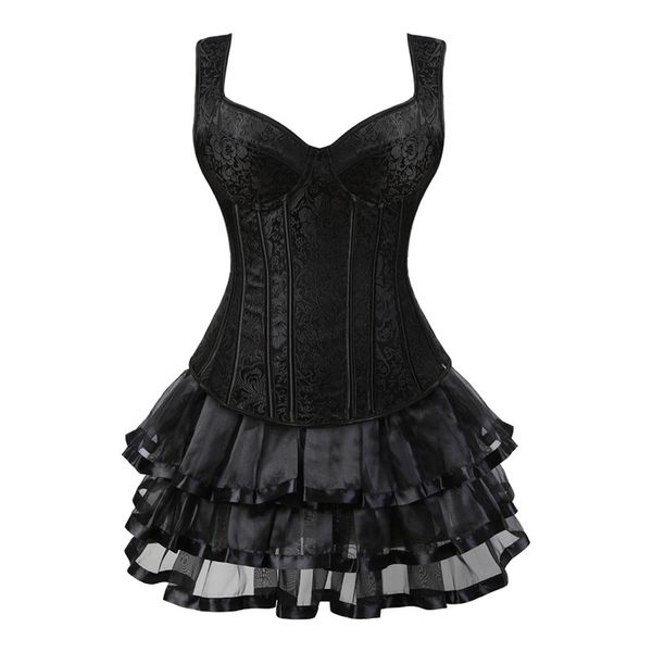 women corset vest skirt set retro steampunk side zipper halterneck jacquard overbust bustier with layered mini skirt plus size s-6xl, Black;white
women corset vest skirt set retro steampunk side zipper halterneck jacquard overbust bustier with layered mini skirt plus size s-6xl, Black;white