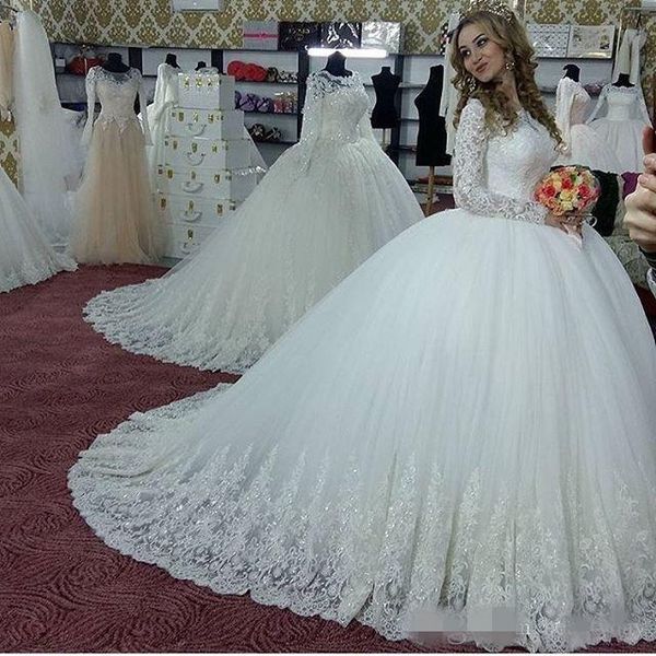luxury long sleeves ball gown wedding dresses sequins lace appliquue jewel neck sweep train new chapel wedding bridal gown plus size, White
luxury long sleeves ball gown wedding dresses sequins lace appliquue jewel neck sweep train new chapel wedding bridal gown plus size, White