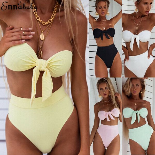 

hirigin strapless bandage bikini 2019 women swimwear bust bowknot push up padded biquini high waist women swimsuit bathing suit