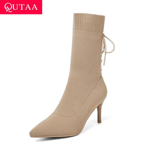 qutaa 2020 fashion thin high heel behind lace up knitting pointed toe socks boots autumn winter women short boots size 34-39, Black
qutaa 2020 fashion thin high heel behind lace up knitting pointed toe socks boots autumn winter women short boots size 34-39, Black