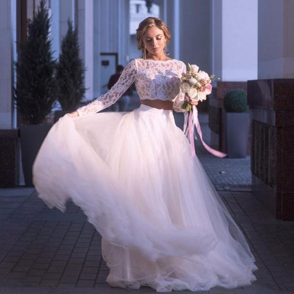2 pieces wedding dress illusion lace long sleeve 2019 fahsion fancy tulle skirt a line sweep train bridal gowns customize, White
2 pieces wedding dress illusion lace long sleeve 2019 fahsion fancy tulle skirt a line sweep train bridal gowns customize, White