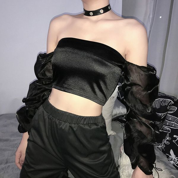 

off shoulder outwear satin t-shirts women slash neck backless long mesh sleeve see through early autumn streetwear new, White