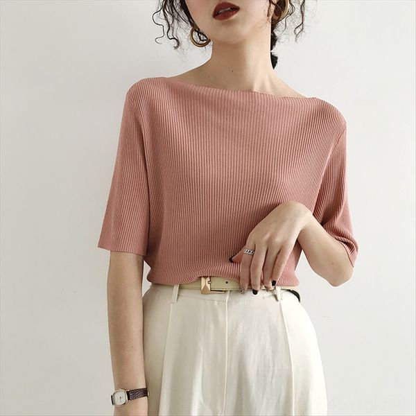 one-line collar t- with bare shoulder sleeve ice silk knitted clavicle slim t-shirt female summer thin loose body base shirt, White
one-line collar t- with bare shoulder sleeve ice silk knitted clavicle slim t-shirt female summer thin loose body base shirt, White