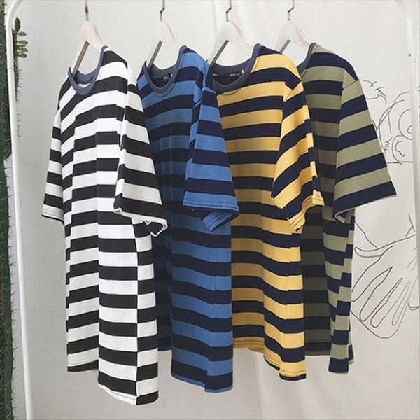 striped short-d women's fashion loose student lovers all-match half- striped short-d women's t-shirt fashion loose student t-shirt, White 
striped short-d women's fashion loose student lovers all-match half- striped short-d women's t-shirt fashion loose student t-shirt, White