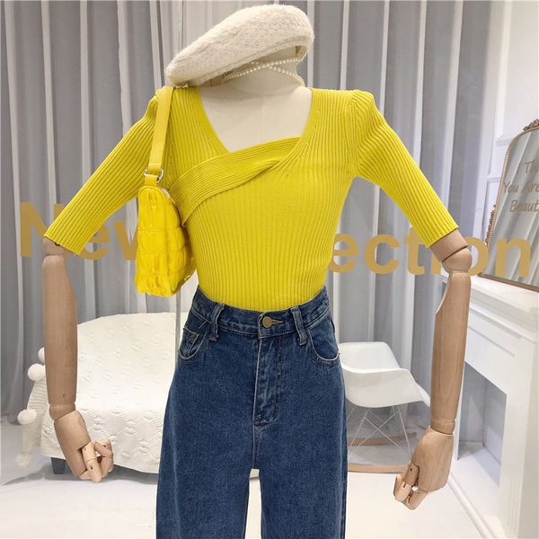 square collar criss-cross casual fashion pullover 2020 summer short sleeve womens new arrival sweaters yellow pink, White;black
square collar criss-cross casual fashion pullover 2020 summer short sleeve womens new arrival sweaters yellow pink, White;black