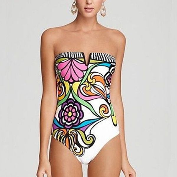2020 women's swimming one piece suit low-cut strapless swimming suit floral print wireless bikini swimwear, White;black
2020 women's swimming one piece suit low-cut strapless swimming suit floral print wireless bikini swimwear, White;black