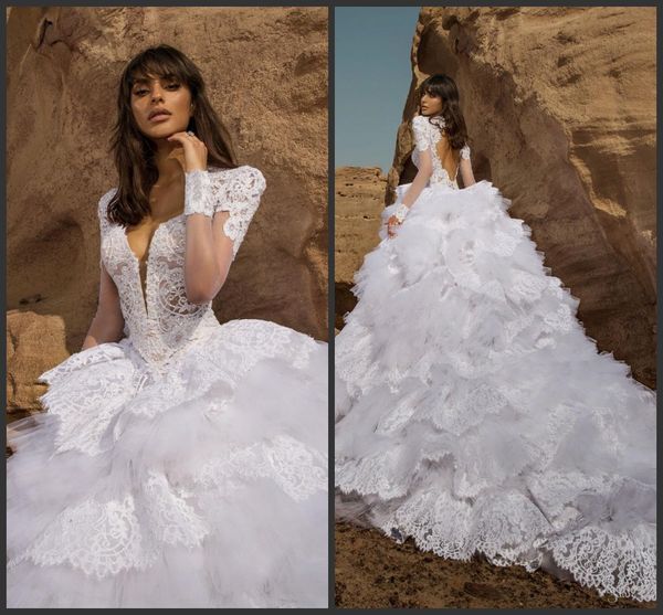long sleeves wedding dresses sheer neckline tiered skirts full lace bridal dress sweep train hollow back pnina tornai spring wedding gowns, White
long sleeves wedding dresses sheer neckline tiered skirts full lace bridal dress sweep train hollow back pnina tornai spring wedding gowns, White