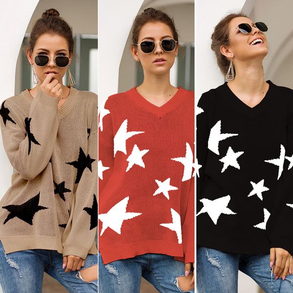 women's stars pattern patchwork casual long sleeve round neck knits sweater pullover, White;black
women's stars pattern patchwork casual long sleeve round neck knits sweater pullover, White;black