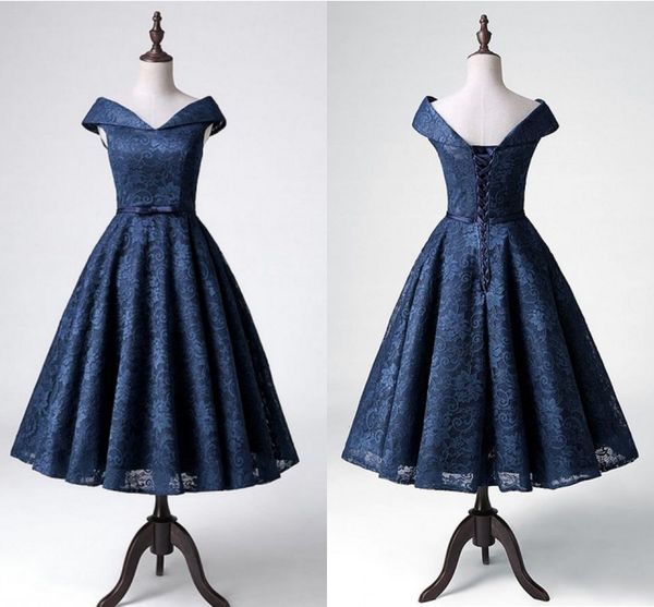 dark blue vintage lace bridesmaid dress tea length a line off the shoulder with sleeves corset back bridesmaid prom evening party dresses, White;pink
dark blue vintage lace bridesmaid dress tea length a line off the shoulder with sleeves corset back bridesmaid prom evening party dresses, White;pink