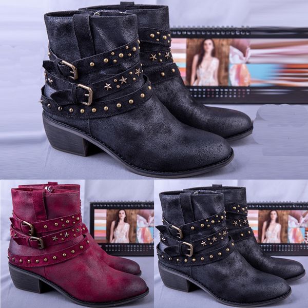 boots round toe high-heeled casual shoes strap, Black