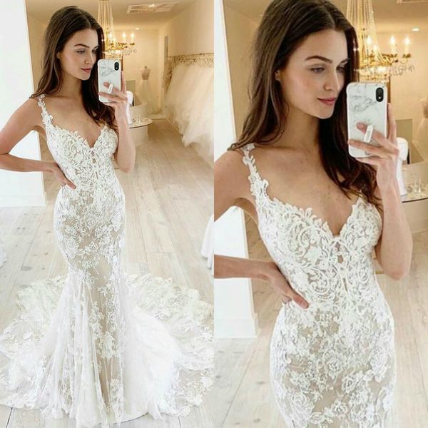 2020 wedding dresses v neck mermaid lace spaghetti strap bridal wedding dress sweep train illusion bodice wedding gowns, White
2020 wedding dresses v neck mermaid lace spaghetti strap bridal wedding dress sweep train illusion bodice wedding gowns, White