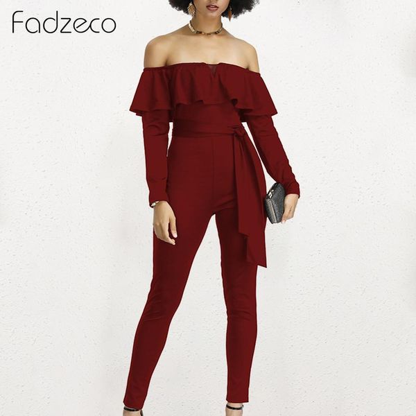 

fadzeco african clothes for women long sleeve off shoulder ruffle hem long pants jumpsuits romper party tribal elastic playsuits, Red