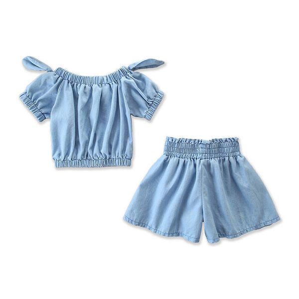 girls denim sets baby soft denim off shoulder bow +wide leg shorts pants set 2019 kids summer designer clothes outfit z11, White