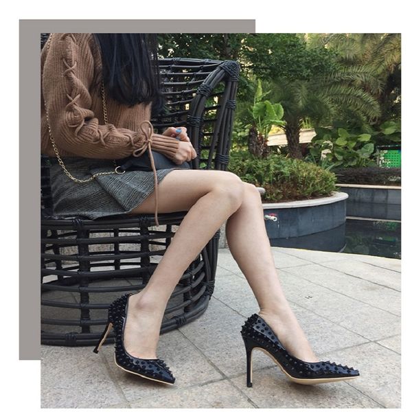 2019 spring new rivet high heel women's fine with shallow mouth pointed single shoes female large size bride wedding shoes, Black
2019 spring new rivet high heel women's fine with shallow mouth pointed single shoes female large size bride wedding shoes, Black