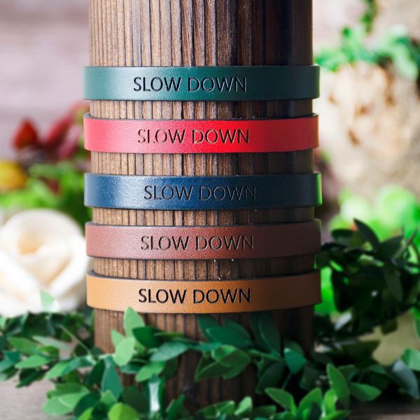 slow down genuine leather bracelet for men women custom engrave letter personality punk vintage jewelry couple gift, Golden;silver
slow down genuine leather bracelet for men women custom engrave letter personality punk vintage jewelry couple gift, Golden;silver