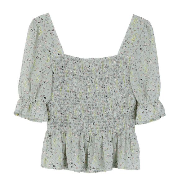 

vintage french style floral chiffon blouse women square neck puffed crop smocking summer, White