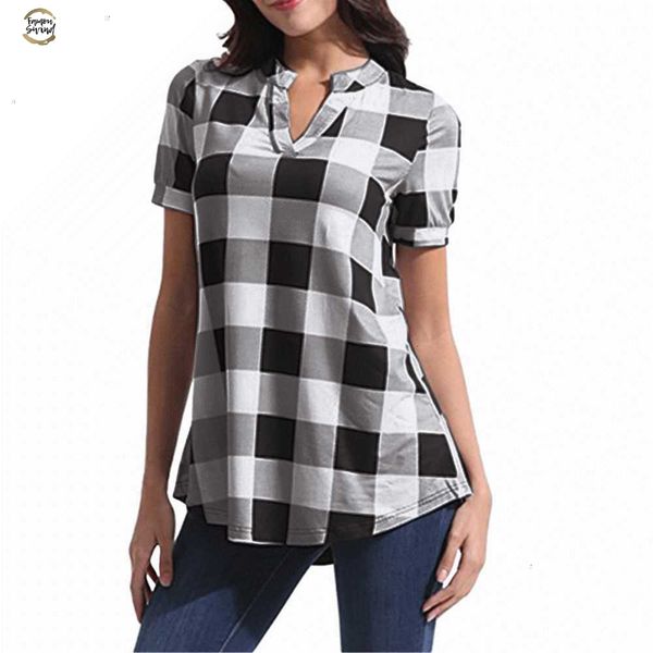 arrival new women shirts plaid printed short sleeve v-neck irregular hem blouse ladies blouses female blusas mujer, White
arrival new women shirts plaid printed short sleeve v-neck irregular hem blouse ladies blouses female blusas mujer, White