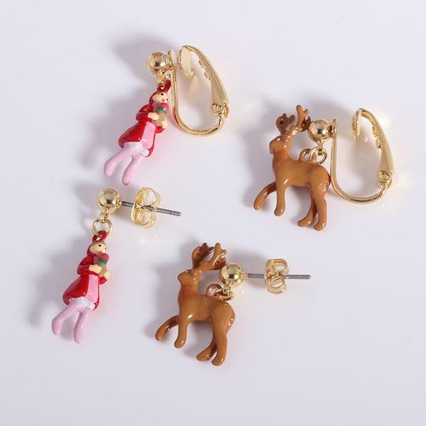 enamel glaze little red riding hood deer earrings ear, Silver 
enamel glaze little red riding hood deer earrings ear, Silver