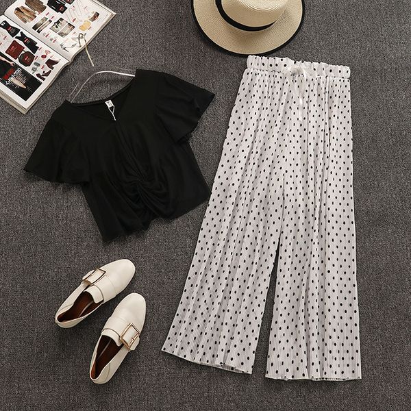 women's clothes v-neck flare short sleeves criss-cross t-shirts+chiffon polka dot wide-legged long pants 2-pieces sets, White
women's clothes v-neck flare short sleeves criss-cross t-shirts+chiffon polka dot wide-legged long pants 2-pieces sets, White