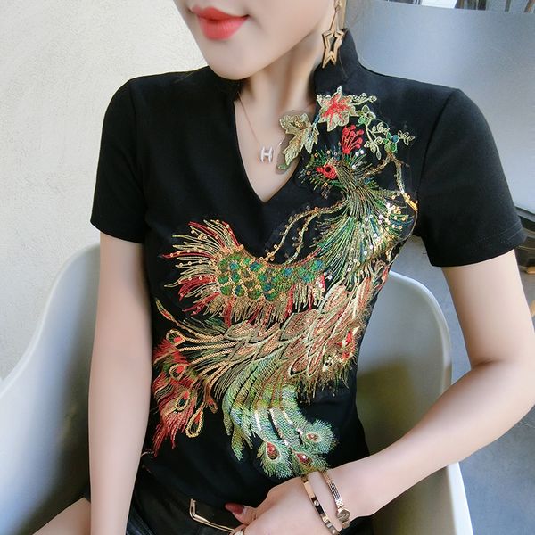 plus size fashion handmade beading sequins crown chicken women's cotton t-shirt summer short sleeve v-neck casual slim tee, White
plus size fashion handmade beading sequins crown chicken women's cotton t-shirt summer short sleeve v-neck casual slim tee, White