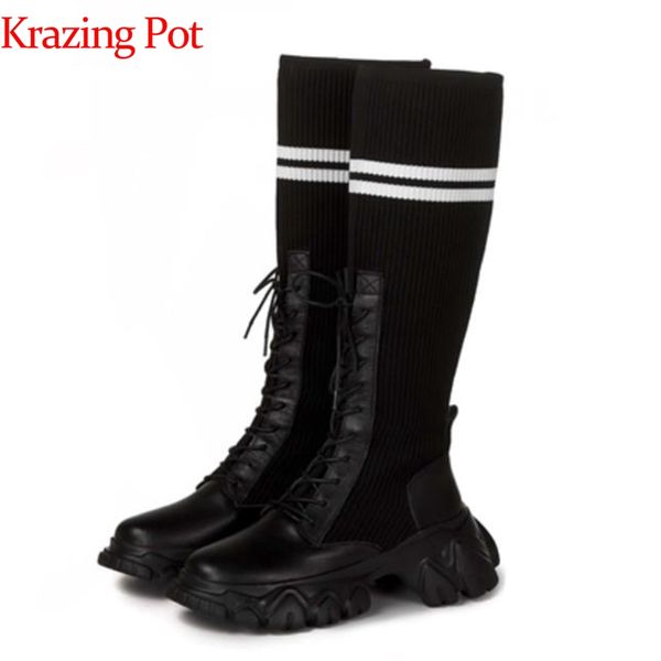 krazing pot genuine leather round toe thick bottom lace up leisure stretch knitting boots height increasing thigh high boots l76, Black
krazing pot genuine leather round toe thick bottom lace up leisure stretch knitting boots height increasing thigh high boots l76, Black