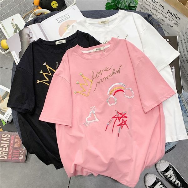 2020 summer thin section korean-style versatile short sleeve base cartoon crown rainbow embroidered t-shirt women's, White
2020 summer thin section korean-style versatile short sleeve base cartoon crown rainbow embroidered t-shirt women's, White