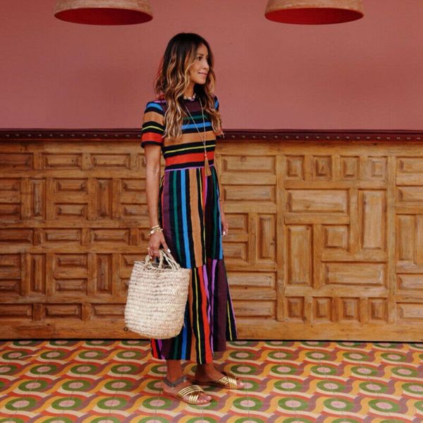new women's summer bohemian short sleeve long dress seven colorful stripes round collar splice party beach beach dress, Black;gray
new women's summer bohemian short sleeve long dress seven colorful stripes round collar splice party beach beach dress, Black;gray