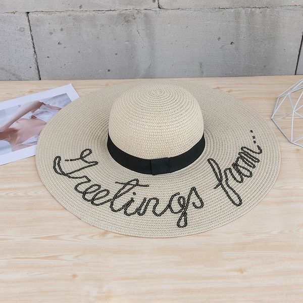 korean new straw sunscreen style big fashion straw letter female beach sunscreen hat foldable hat, Blue;gray