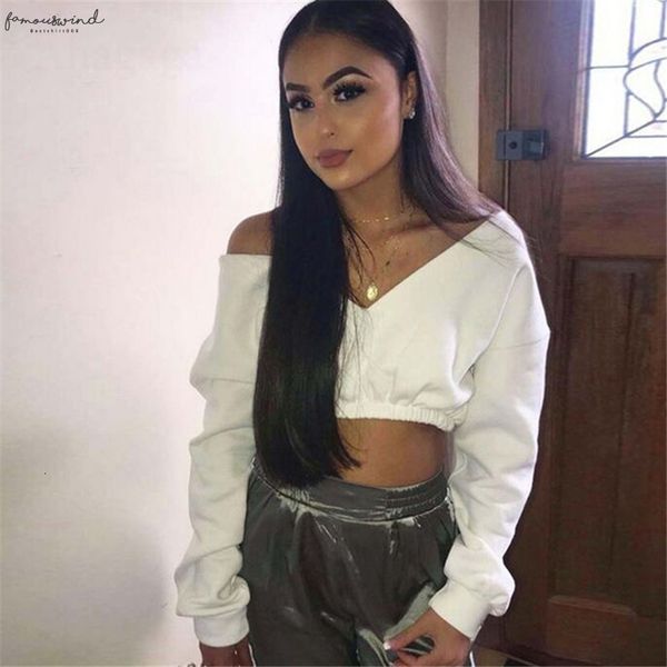 women deep v neck long sleeves fleece hoodies off shoulder shirt casual basic color street wear, White
women deep v neck long sleeves fleece hoodies off shoulder shirt casual basic color street wear, White
