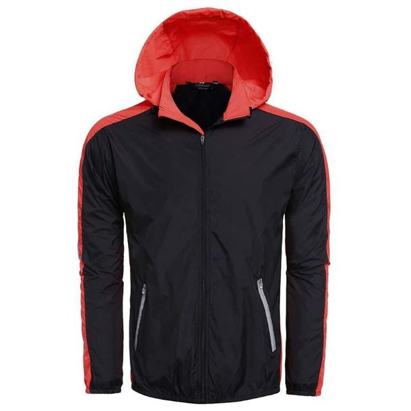 men outdoor sports hooded long sleeve contrast color patchwork zip-up jacket, Black;red
men outdoor sports hooded long sleeve contrast color patchwork zip-up jacket, Black;red