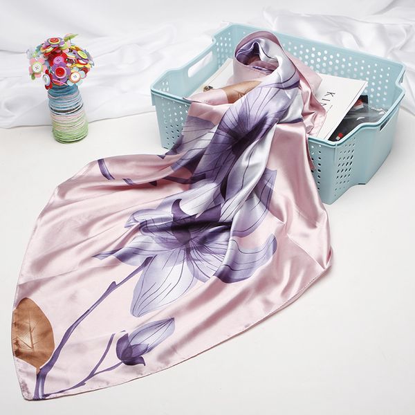 floral print hair scarf for women kerchief silk satin hijab scarfs neckerchief 90*90cm square shawls headband scarves for ladies, Blue;gray