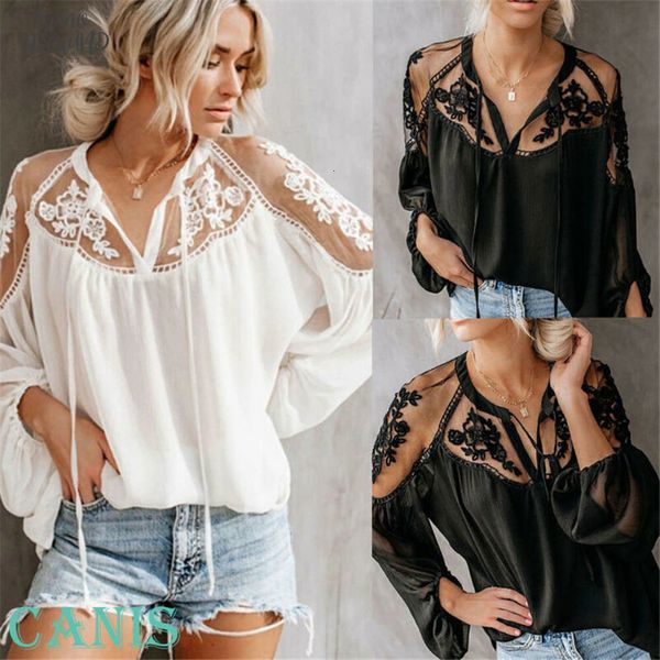 2020 new women solid lace hollow plaint shirt loose ladies long sleeve v neck top, White
2020 new women solid lace hollow plaint shirt loose ladies long sleeve v neck top, White