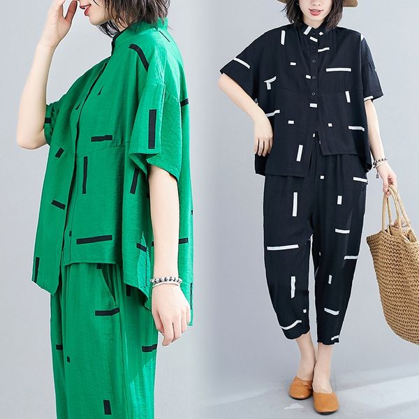 2020 summer new artistic loose large size slimming printed short shirt sleeve shirt + harem pants casual age-reducing women's suit, Gray
2020 summer new artistic loose large size slimming printed short shirt sleeve shirt + harem pants casual age-reducing women's suit, Gray