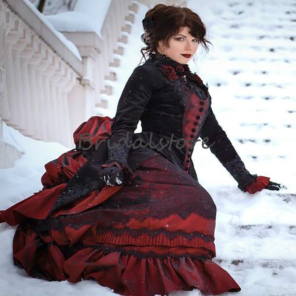 red and black gothic wedding dresses traditional steampunk victorian country wedding dress renaissance fantasy high neck long sleeve bridal, White
red and black gothic wedding dresses traditional steampunk victorian country wedding dress renaissance fantasy high neck long sleeve bridal, White