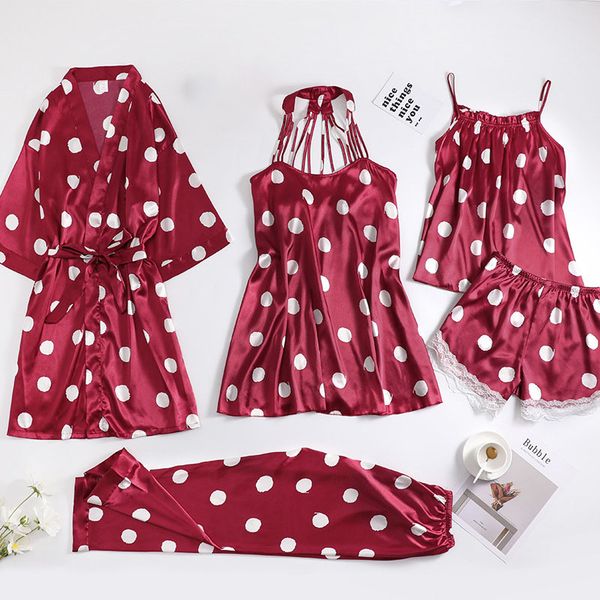 women's sleepwear female 5pcs robe set satin print dot nightgown lace patchwork intimate lingerie bride bridesmaid wedding, Black;red
women's sleepwear female 5pcs robe set satin print dot nightgown lace patchwork intimate lingerie bride bridesmaid wedding, Black;red