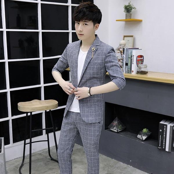 suit men 2020 new summer fashion trend men linen middle sleeve plaid slim two - piece mens suits with pants, White;black
suit men 2020 new summer fashion trend men linen middle sleeve plaid slim two - piece mens suits with pants, White;black