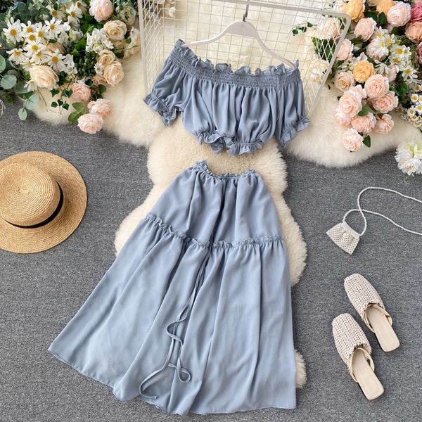 singrain women solid two pieces set slash neck elastic ruched ruffles ruched ruffles skirt elegant holiday beach dress, Gray
singrain women solid two pieces set slash neck elastic ruched ruffles ruched ruffles skirt elegant holiday beach dress, Gray